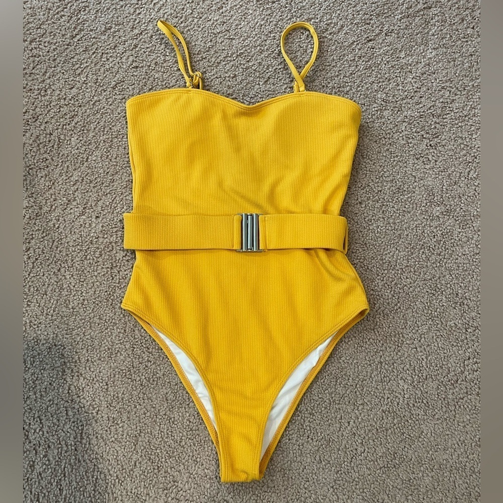 SHEIN Rib Knit Belted Tube One Piece Yellow Swimsuit